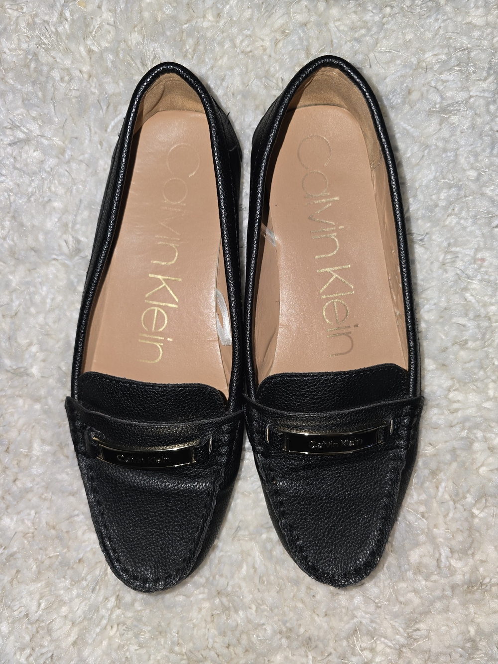 Calvin Klein Black Leather Loafers with Gold Accent